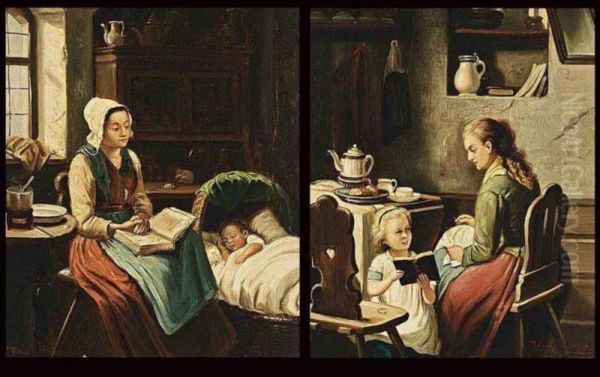 Mother With Child In A Dutch Interior, Teatime, A Pair Oil Painting by Burgers Hein