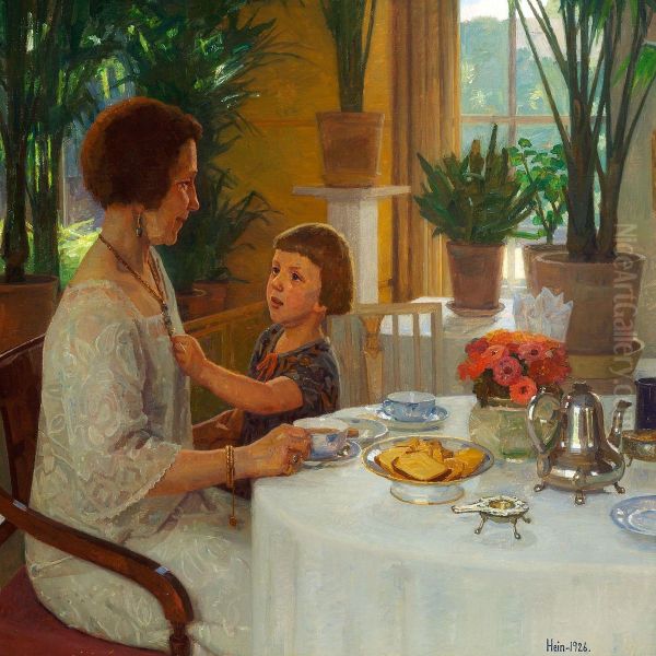 Grandmother And Grandchild Are Having Tea In The Winter Garden Oil Painting by Einar Hein