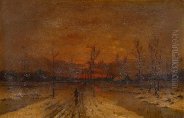 Winter Evening Landscape With Walker Near The Mere Oil Painting by Eduard, Hein Jr.