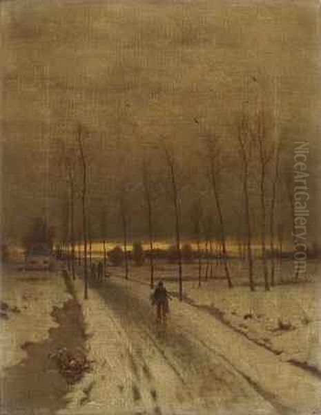 Verschneite Allee Bei Sonnenuntergang Mit Heimkehrenden Jagern Oil Painting by Eduard, Hein Jr.