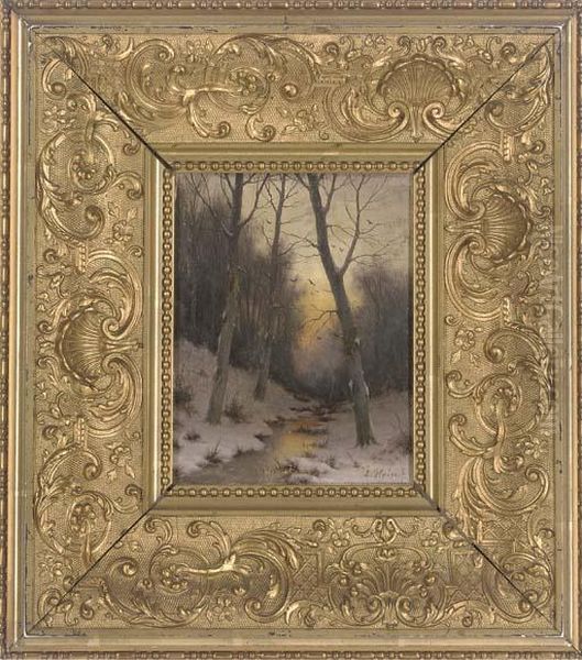 Sunset Over A Stream Through A Snowy Forest Oil Painting by Eduard, Hein Jr.