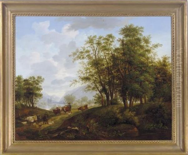 A Shepherd With Cows And Goats In A Landscape Oil Painting by Johann Daniel Heinbach