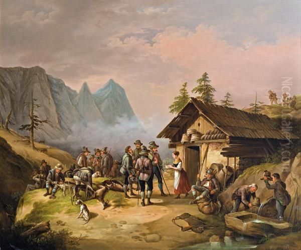 Rast Der Jagdgesellschaft Oil Painting by Johann Adalbert Heine