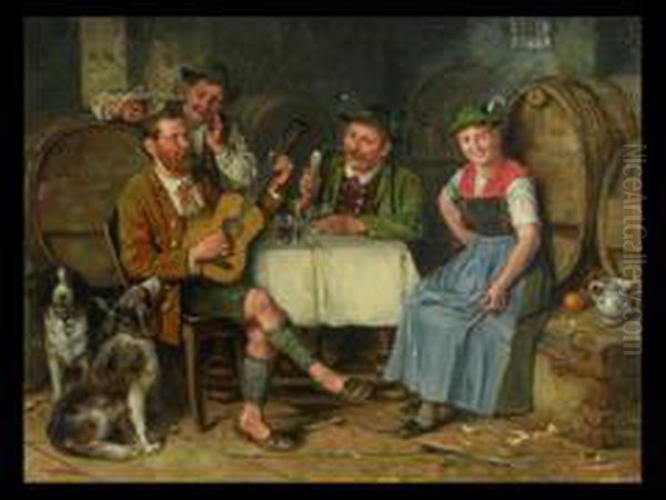 Frohliche Runde Im Weinkeller Oil Painting by Johann Adalbert Heine