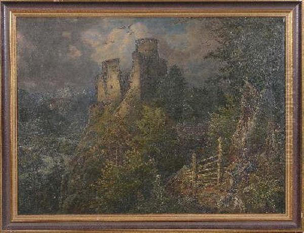 Jager Bei Der Rast M. Blick Auf Eine Burgruineu Oil Painting by Johann Baptist Heinefetter