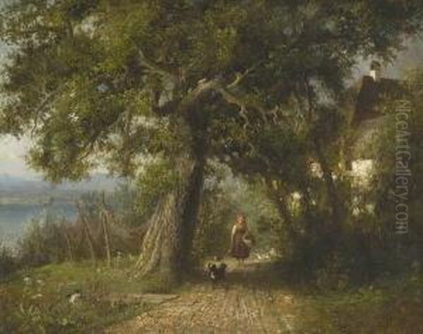 Junge Magd Auf Dem Weg Bei Einem
 Fischerhaus Am Seeufer. Oil Painting by Eduard Heinel