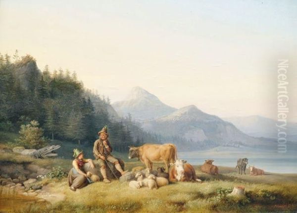 Hirtenpaar Mit Herde In Voralpenlandschaft Oil Painting by Johann Philipp Heinel