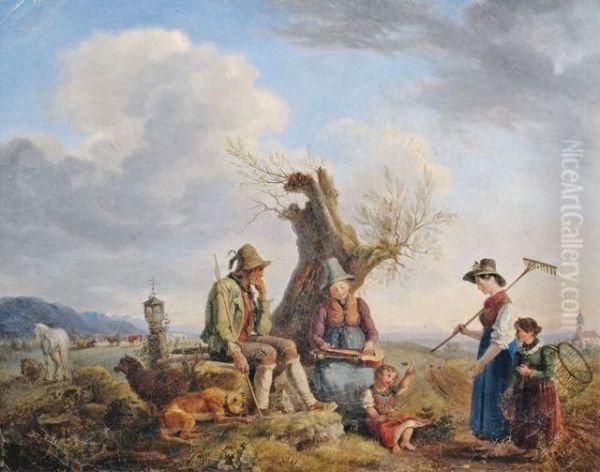 Rastende Bauernfamilie Am Weiderand Vor Weitem Landschaftshintergrund Oil Painting by Johann Philipp Heinel