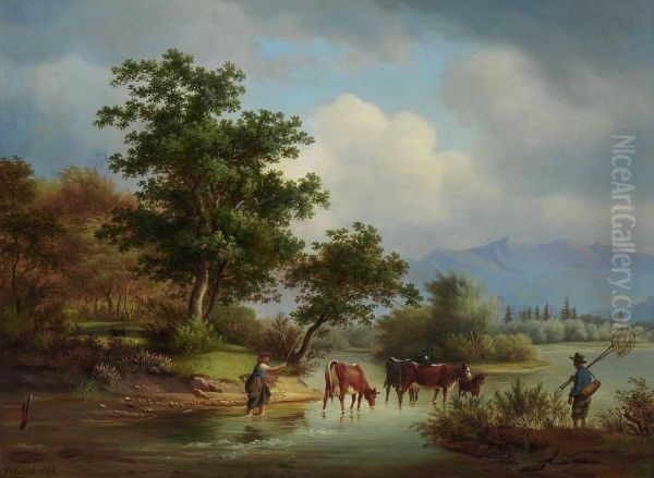 Bauernpaar Mit Rindern Am See Oil Painting by Johann Philipp Heinel