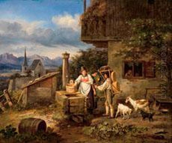 Stelldichein Am Brunnen Oil Painting by Johann Philipp Heinel