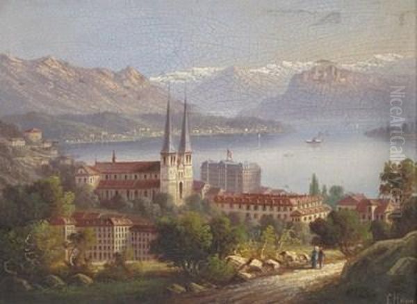 Swiss View, Possibly Lake Lucerne Oil Painting by F. Heiniger