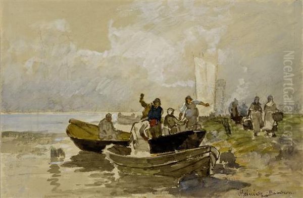 Coastal Landscape With Fishing Boats Oil Painting by Karl Adam Heinisch