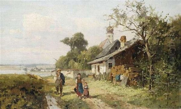 On The Island Ofherrenchiemsee In Bavaria. 
A Peasant Family On Their Wayhome. Oil Painting by Karl Adam Heinisch