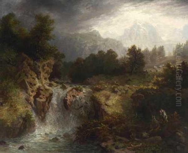 Gebirgslandschaft Mit Wasserfall Oil Painting by Heinrich Heinlein