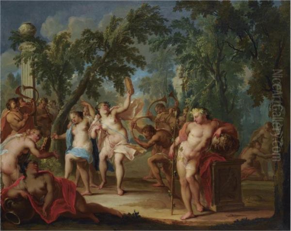 A Bacchanal In A Forest Landscape With Dancing Nymphs And Satyrs Playing The Horns Oil Painting by Johann Heinrich Keller