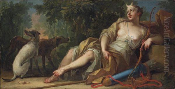 Diana Reclining In A Forest Landscape, Her Hounds Beside Oil Painting by Johann Heinrich Keller