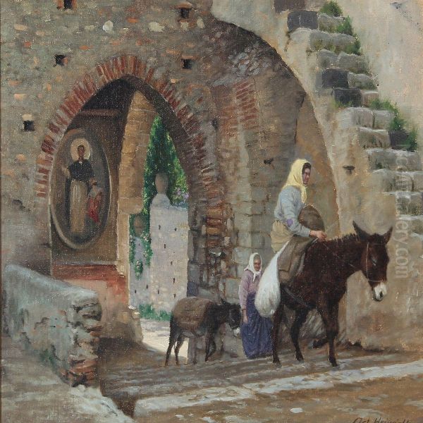 View From A Italian Town With A Woman On A Donkey Oil Painting by Heinrich Hansen