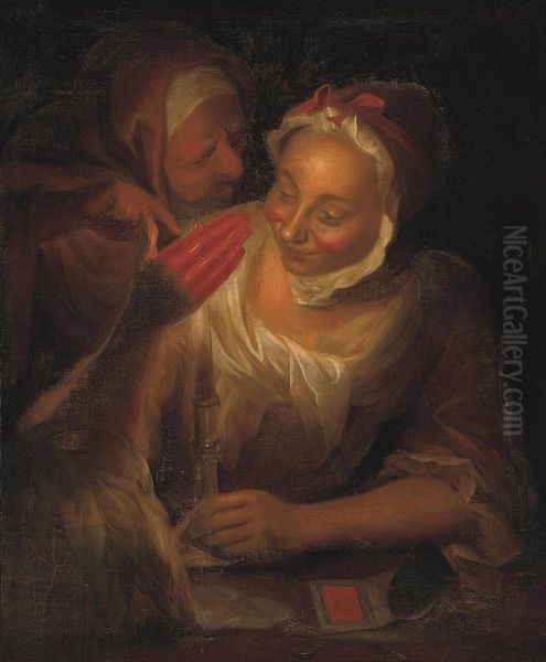 A Young Woman Having Her Palm Read By Candle Light Oil Painting by John Theodore Ii Heins