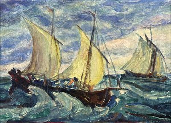 Segler In Bewegter See Oil Painting by Alfred Heinsohn