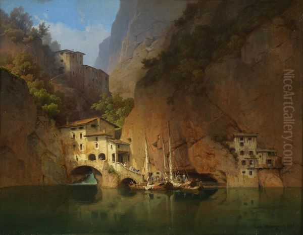 Fishermen On An Italian Lake Oil Painting by Carl Friedrich Heinzmann