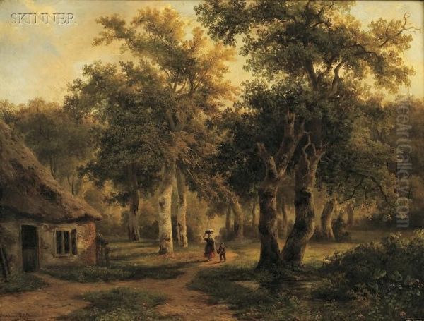 Figures Approaching A Thatched Cottage Oil Painting by Joseph Antonio Hekking