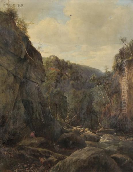 View Of A Fisherman In A River Gorge Oil Painting by Joseph Antonio Hekking