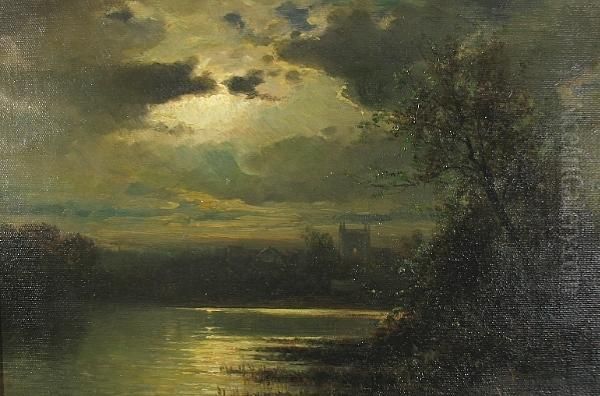 A Moonlit Lake Oil Painting by Joseph Antonio Hekking