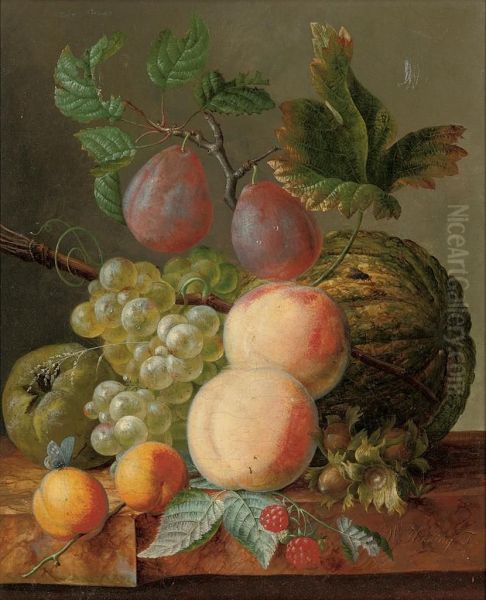 Peaches, Grapes, Plums, Raspberries And A Gourd On A Marbleledge Oil Painting by William Hekking