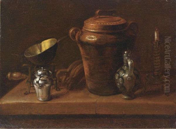 A Still Life With A Silver Sugar Jar, A Copper Bowl On A Stove, A Stoneware Jug And Pot, A Candle And A Pair Of Bellows, All On A Stone Ledge Oil Painting by Georg Held