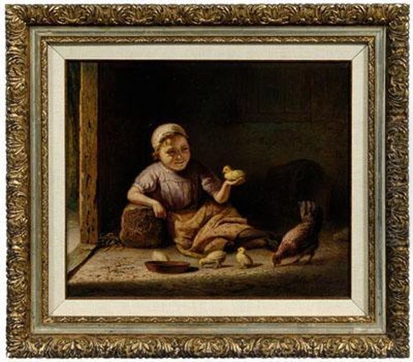 Young Girl Seated In A Barn With Chickens Oil Painting by Johannes Helder