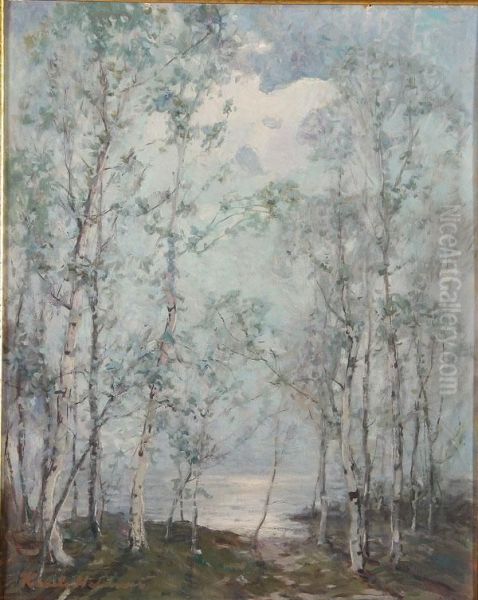 Lakeside Landscape With Birches Oil Painting by Knute Heldner