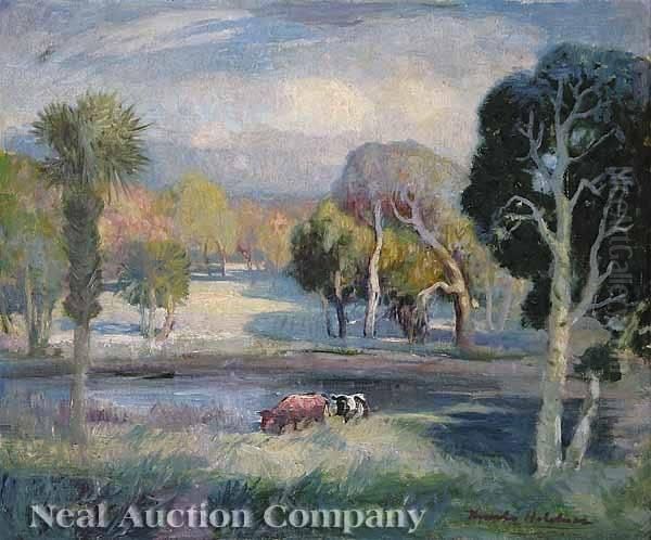 Florida Landscape With Palm Trees And Cows Oil Painting by Knute Heldner