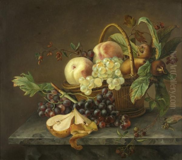 Fruchtestilleben Mit Pfirsichen, Trauben, Beeren Oil Painting by Jeanne Marie Josephine Hellemans