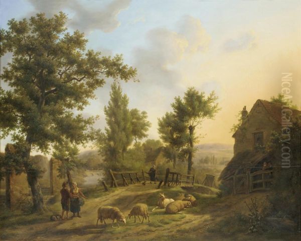 Figures In A Rural Landscape Oil Painting by Jeanne Marie Josephine Hellemans