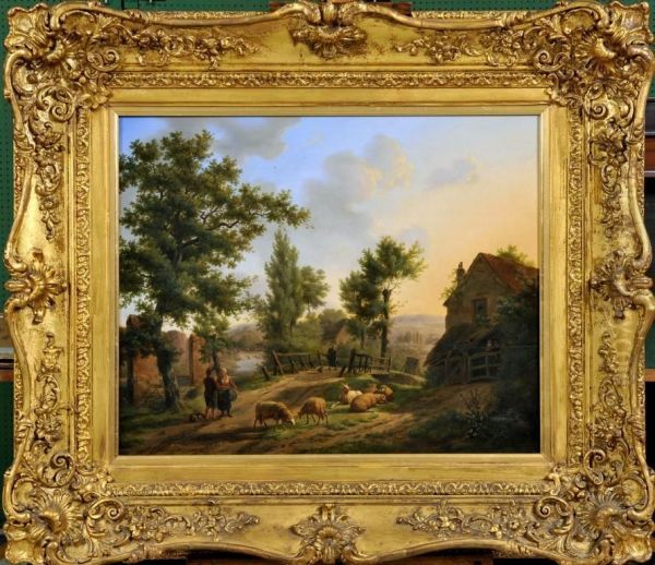 Goats And Sheep By A Country Homestead Oil Painting by Pierre Jean Hellemans