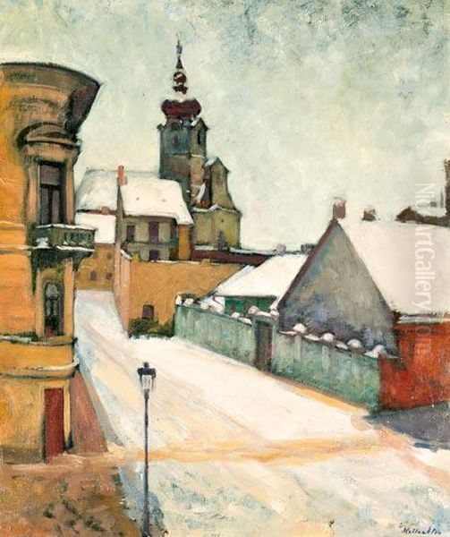 Kisvarosi Reszlet Telen Oil Painting by Odon Heller