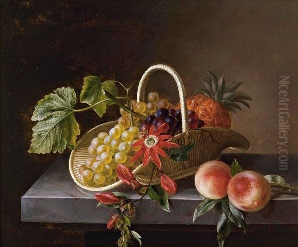 Still Life Of Fruit And Flowers In A Basket And Peaches All Resting On A Marble Ledge Oil Painting by Johanna, Hanna Hellesen