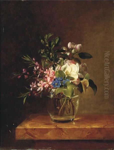 Springblossom In A Glass On A Marble Ledge Oil Painting by Johanna, Hanna Hellesen