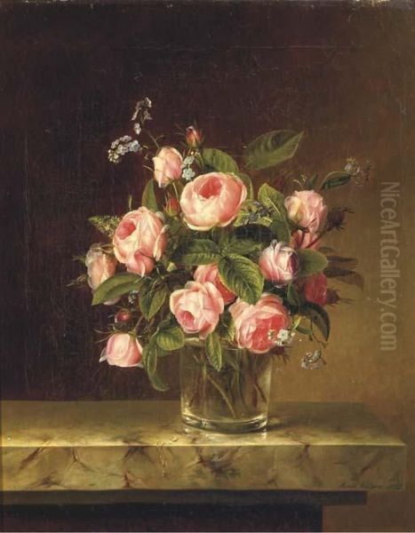 Pink Roses And Forget-me-nots In A Glass On A Marble Ledge Oil Painting by Johanna, Hanna Hellesen