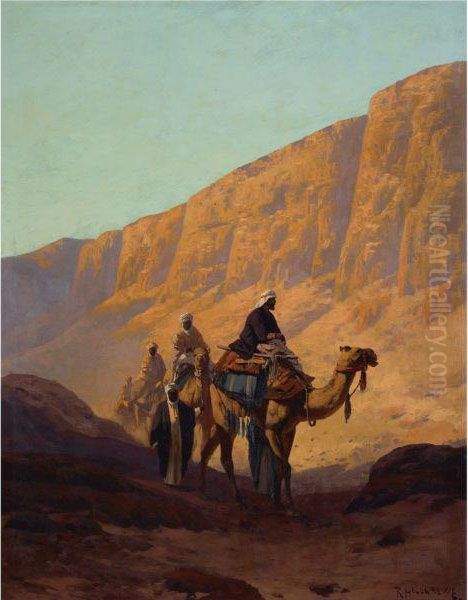 Caravan Passing Through A Wadi Oil Painting by Rudolf Hellgrewe