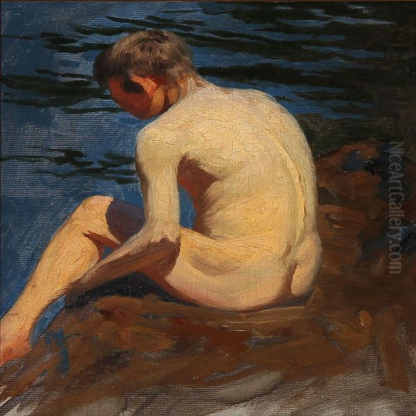 Back Turned Nude Boy On A Beach Oil Painting by Heinrich Hellhoff