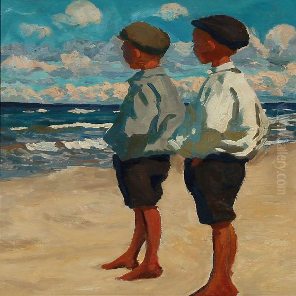 Two Boys On Skagen Beach Oil Painting by Heinrich Hellhoff