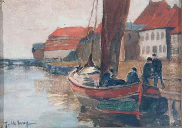 Anlegendes Segelboot Vor Stadtansicht Oil Painting by Rudolf Hellwag