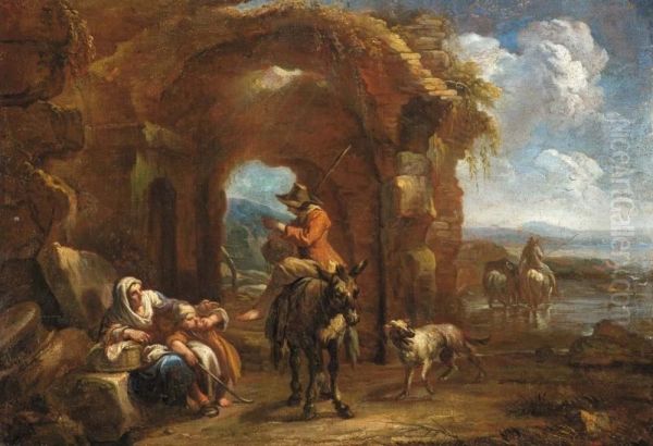 Paesaggio Con Ruderi, Animali E Figure Oil Painting by Dirck Theodor Helmbrecker