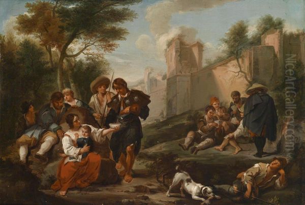 Peasants Resting Outside The Walls Of Aruined City Oil Painting by Dirk Theodoor Helmbreker