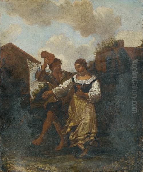 Figures Dancing Before A Country Inn Oil Painting by Dirk Theodoor Helmbreker