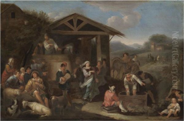 An Italianate Landscape With Peasants Making Merry And Pressing Grapes Oil Painting by Dirk Theodoor Helmbreker