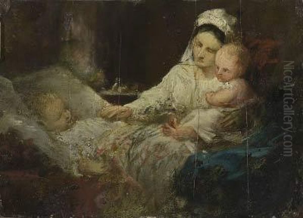 Mutter Mit Zwei Kindern Vor Der Nachtruhe Oil Painting by Philipp Helmer