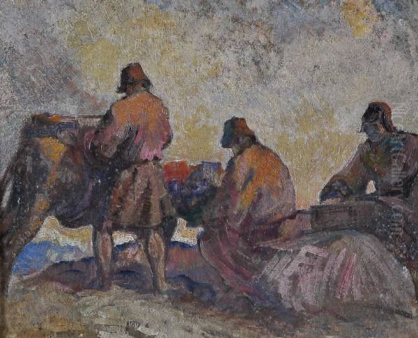 Andes Travellers Loading Pack Mules Oil Painting by Alfredo H. Helsby