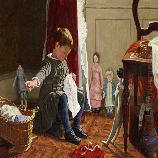 Little Girl Sewing In A Corner Of The Living Room Surrounded By Her Dolls Oil Painting by Axel Helsted